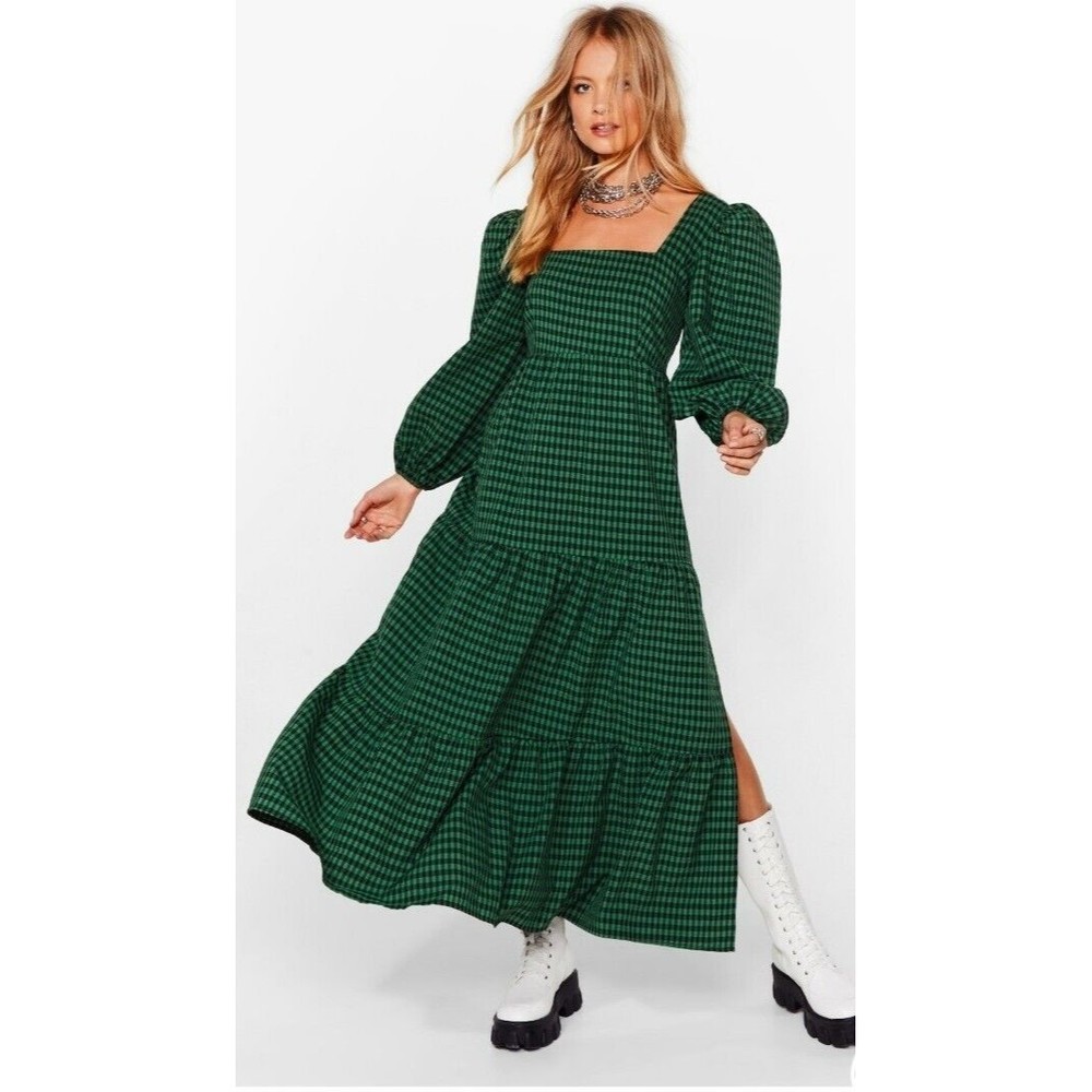 Nasty Gal UK Gingham Tiered Smocked Maxi Dress Green/Black Empire Waist  Sz US 4